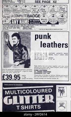 Publicité pour les vestes en cuir punk dans le numéro des années 1970 de NME New musical Express Music Paper Banque D'Images