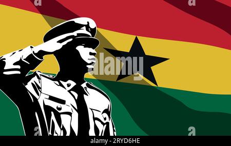 Silhouette de soldat avec drapeau du Ghana sur fond. Concept de jour de l'armée Illustration de Vecteur