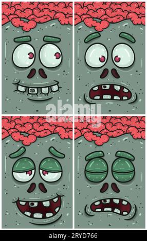 Plein d'espoir, incrédulité, expression haute et endormie du personnage de Zombie face Cartoon. Papier peint, couverture, étiquette et emballage ensemble de conception. Illustration de Vecteur