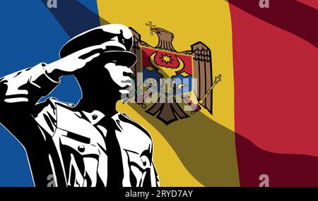 Silhouette de soldat avec drapeau de Moldavie sur fond. Concept de jour de l'armée Illustration de Vecteur