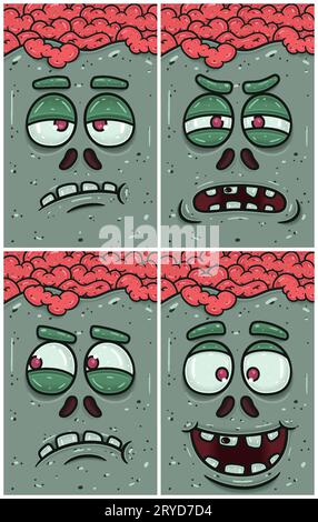 Ennuyé, suspicieux, jaloux et expression heureuse de Zombie face personnage Cartoon. Papier peint, couverture, étiquette et emballage ensemble de conception. Illustration vectorielle Illustration de Vecteur