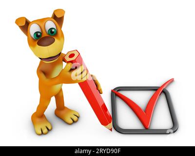 Chien avec crayon et Check Mark Banque D'Images