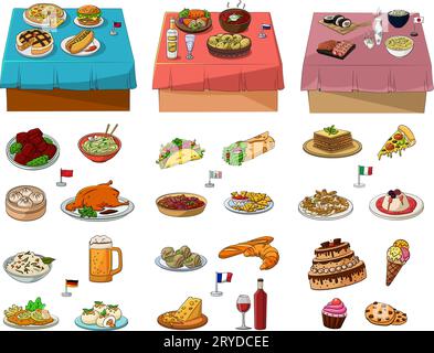 collection de dessins animés d'aliments et de cuisine internationaux Illustration de Vecteur