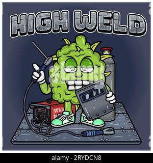 Weedbud Holding Weld machine Character Cartoon avec effet de texte et arrière-plan. Pour Mascot logo, Tshirt Design, Business, Cover, Label et Packaging P Illustration de Vecteur