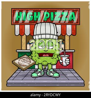 Weedbud tenant Pizza et boisson personnage Cartoon avec effet de texte et arrière-plans. Pour Mascot logo, Tshirt Design, Business, Cover, Label et Packagi Illustration de Vecteur