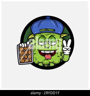 Weed Bud Mascot Cartoon Holding cookies avec logo cercle. Pour Mascot logo, Tshirt Design, Business, couverture, étiquette et produit d'emballage. Vector et Ill Illustration de Vecteur