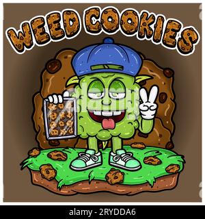 Weed Bud Mascot Cartoon tenant des cookies avec arrière-plans et texte. Pour Mascot logo, Tshirt Design, Business, couverture, étiquette et produit d'emballage. Vecto Illustration de Vecteur