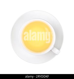 Près d'une pleine tasse de blanc le thé oolong vert sur une soucoupe isolé sur fond blanc, augmentation de la vue supérieure, juste au-dessus Banque D'Images