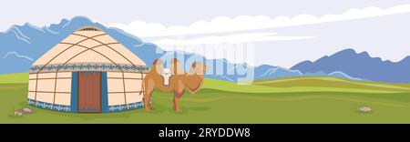 Paysage mongol. Une yourte sur fond de montagnes, un chameau domestique à côté de la demeure traditionnelle des nomades. Pâturages verts, vecteur Illustration de Vecteur