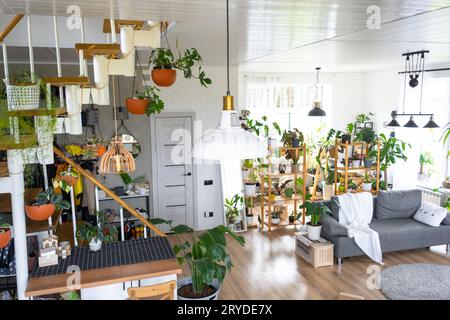 Escalier modulaire en métal avec marches en bois à l'intérieur blanc d'une maison verte avec des plantes en pot, pot de fleurs suspendu, abat-jour Banque D'Images