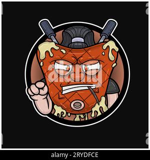 Mascotte Cartoon of Meat Steak avec deux fourches et Angty face. Logo cercle. Illustrations vectorielles Illustration de Vecteur