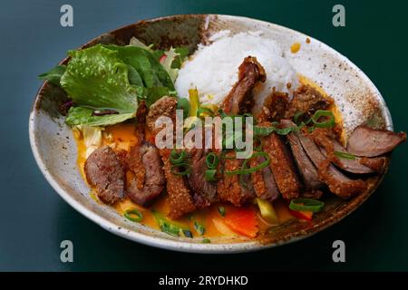 Curry de canard de Pékin avec riz et salade Banque D'Images
