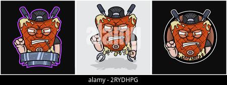 Ensemble de Beef Steak Mascot Cartoon avec deux fourches et visage en colère. Pour les logos de nourriture, viande, barbecue et bœuf. Illustrations vectorielles. Illustration de Vecteur
