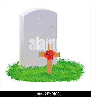 Une pierre tombale en marbre blanc sur herbe verte, une petite croix en bois érigée par des gens qui ont perdu un membre de leur famille pendant la guerre. Memorial Day of the Falle Illustration de Vecteur