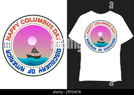 T-shirt et bannière typographiques Columbus Day. Columbus Day Salutations avec voilier voilier, vagues de la mer. Bannière promotionnelle et de réduction de Ha Illustration de Vecteur