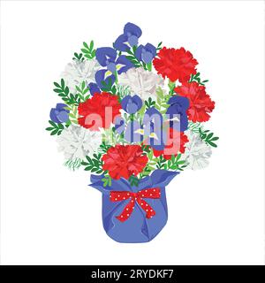 Un bouquet d'iris bleus, d'œillets rouges et blancs. Les fleurs dans le pot sont décorées d'un ruban rouge avec des étoiles. Arrangement floral pour décorati Illustration de Vecteur