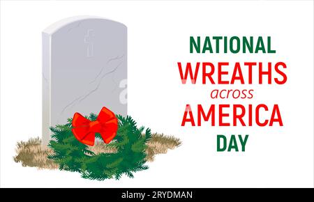 Une pierre tombale en marbre gris et une couronne de branches de sapin sur National Wreaths Across America Day en l'honneur des héros tombés. Illustration de Vecteur