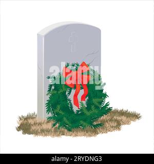 Une pierre tombale en marbre gris et une couronne de branches de sapin sur National Wreaths Across America Day en l'honneur des héros tombés. Illustration de Vecteur