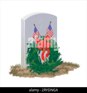 Une pierre tombale en marbre gris et une couronne de branches de sapin sur National Wreaths Across America Day en l'honneur des héros tombés. Illustration de Vecteur