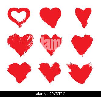 Série d'illustrations vectorielles de grunge pinceau peint des formes cœur rouge isolé sur fond blanc Banque D'Images