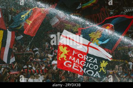 Gênes, Italie. 28 septembre 2023. Supporters de Gênes pendant Gênes CFC vs AS Roma, match de football italien Serie A à Gênes, Italie, septembre 28 2023 crédit : Independent photo Agency/Alamy Live News Banque D'Images