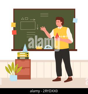 Professeur de mathématiques enseignant au conseil scolaire dans l'illustration vectorielle de classe. Homme intelligent de dessin animé pointant au tableau noir, personnage tuteur tenant la pyramide pour expliquer les connaissances mathématiques à la leçon de géométrie Illustration de Vecteur