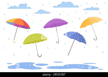 Parapluie ouvert pour protéger de la pluie illustration vectorielle. Parasols isolés de dessin animé en différentes couleurs avec poignées et tissu imperméable, accessoire pour la protection contre les gouttes de pluie des nuages Illustration de Vecteur