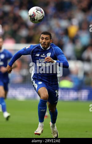 Cardiff, Royaume-Uni. 30 septembre 2023. Karlan Grant de Cardiff City en action. Match de championnat EFL Skybet, Cardiff City contre Rotherham Utd au Cardiff City Stadium à Cardiff, pays de Galles, le samedi 30 septembre 2023. Cette image ne peut être utilisée qu'à des fins éditoriales. Usage éditorial uniquement, photo par Andrew Orchard/Andrew Orchard photographie sportive/Alamy Live News crédit : Andrew Orchard photographie sportive/Alamy Live News Banque D'Images