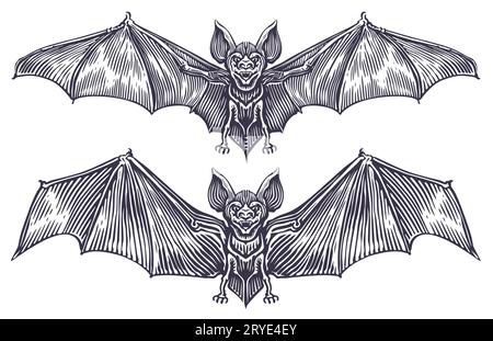 Chauve-souris en gravure de style gothique. Illustration vectorielle d'esquisse vintage Illustration de Vecteur