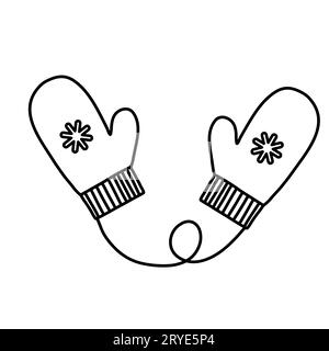 Paire de mitaines tricotées chaudes mignonnes avec motif de flocon de neige, illustration vectorielle plate de style doodle pour livre de coloriage pour enfants Illustration de Vecteur