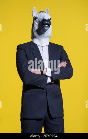 Homme avec masque de cheval sur fond jaune Banque D'Images