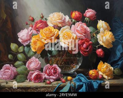 Un chef-d'œuvre artistique intitulé « Still Life with Blooms » dépeint l'essence de la vie à travers un arrangement exquis de roses vibrantes. Illustration de Vecteur