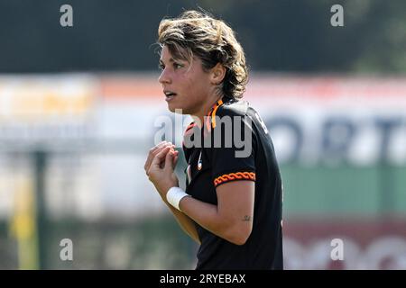 Rome, Italie. 30 septembre 2023. Valentina Giacinti d'AS Roma fait des gestes lors du match de football féminin Serie A 2023/2024 entre L'AS Roma et le FC Como au stade tre fontane, Rome (Italie), le 30 septembre 2023. Crédit : Insidefoto di andrea staccioli/Alamy Live News Banque D'Images