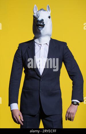 Homme avec masque de cheval sur fond jaune Banque D'Images