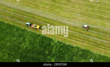 Tir aérien avec un drone de deux tracteurs récoltant du foin dans un pré en Bavière Banque D'Images