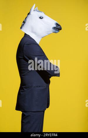 Homme avec masque de cheval sur fond jaune Banque D'Images