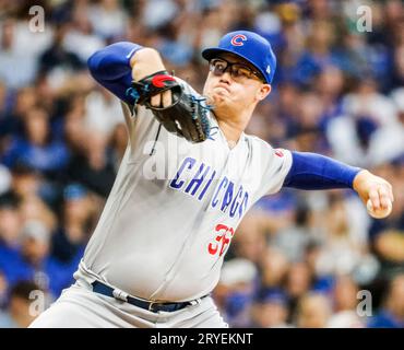 Milwaukee, États-Unis. 30 septembre 2023. Le lanceur Jordan Wicks lance les Cubs de Chicago contre les Brewers de Milwaukee lors de la première manche de leur match de baseball à l’American Family Field à Milwaukee, Wisconsin, le samedi 30 septembre 2023. Photo de Tannen Maury/UPI crédit : UPI/Alamy Live News Banque D'Images