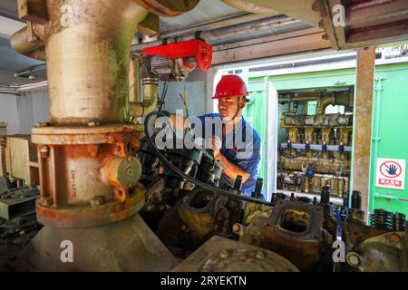 Comté de Luannan, Chine - 18 juillet 2023 : le technicien répare le générateur de biogaz. Banque D'Images