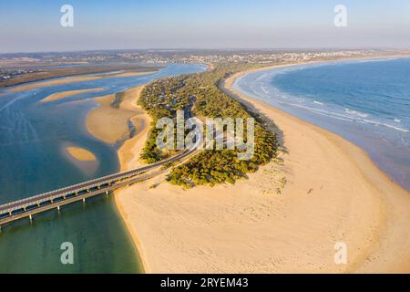 Vue aérienne de ponts jumeaux traversant une rivière côtière et serpentant à travers un isthme sablonneux à Ocean grove dans le Victoria, Australie Banque D'Images