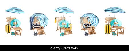 Chaise longue avec accessoires de plage isolé sur blanc, ensemble Banque D'Images