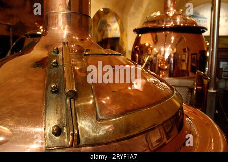 Brassage de bière dans une bouilloire dans une petite brasserie Banque D'Images