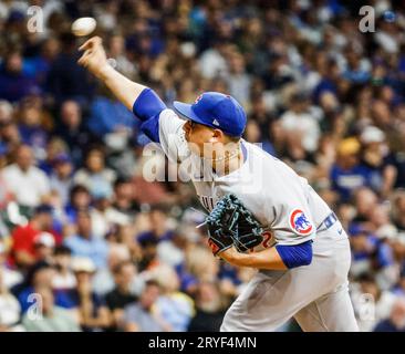 Milwaukee, États-Unis. 30 septembre 2023. Le lanceur de secours des Chicago Cubs Javier Assad lance contre les Brewers de Milwaukee lors de la quatrième manche de leur match de baseball à l’American Family Field à Milwaukee, Wisconsin, le samedi 30 septembre 2023. Photo de Tannen Maury/UPI crédit : UPI/Alamy Live News Banque D'Images