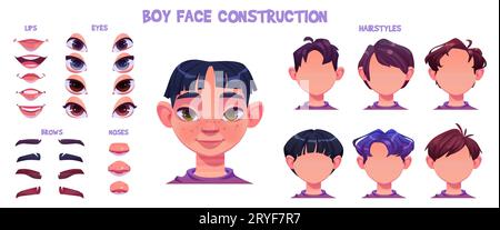 Ensemble de construction de visage de garçon adolescent asiatique isolé sur fond blanc. Illustration de dessin animé vectoriel de la tête d'avatar masculin, collection de coiffures, pack de lèvre Illustration de Vecteur