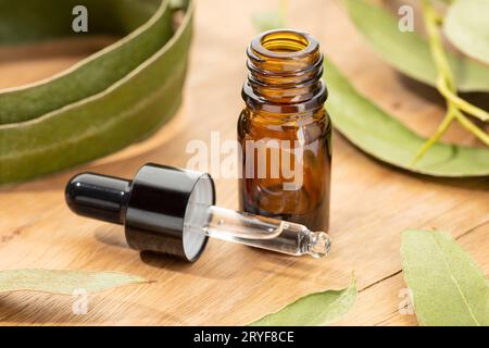 L'huile essentielle d'eucalyptus sur la table en bois encore la vie. Remèdes à base de plantes Banque D'Images