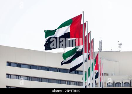Drapeaux des Émirats arabes Unis en plein air à Abu Dhabi.Journée nationale des Émirats arabes Unis.Drapeau des Émirats arabes Unis. Banque D'Images