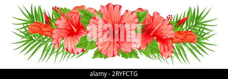 Composition d'aquarelle avec des fleurs d'hibiscus rouges. Bordure florale dessinée à la main avec des fleurs tropicales et des feuilles. Invitation de mariage Banque D'Images