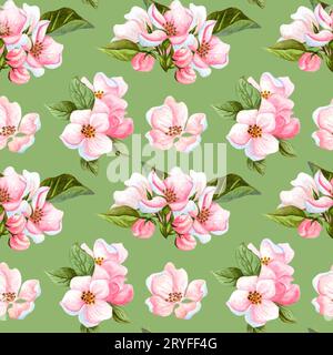 Motif aquarelle sans coutures de fleurs et de feuilles de cerisier.Motif floral répété avec branche de fleur de pomme dessinée à la main. Banque D'Images