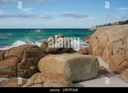 Bay of Fires Tasmanie, avec océan turquoise. Le ciel est bleu profond et la côte est bordée de roches chargées de lichens avec un peu de végétation entre les deux. Banque D'Images