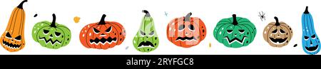 Citrouilles d'automne aux visages effrayants. Citrouille des visages effrayants. Illustration vectorielle. Légumes d'halloween d'automne. Illustration de Vecteur