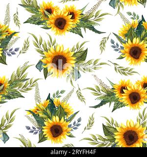 Modèle sans couture avec tournesols sur fond blanc. Collection éléments décoratifs de design floral. Fleurs, bourgeons et feuilles ha Banque D'Images